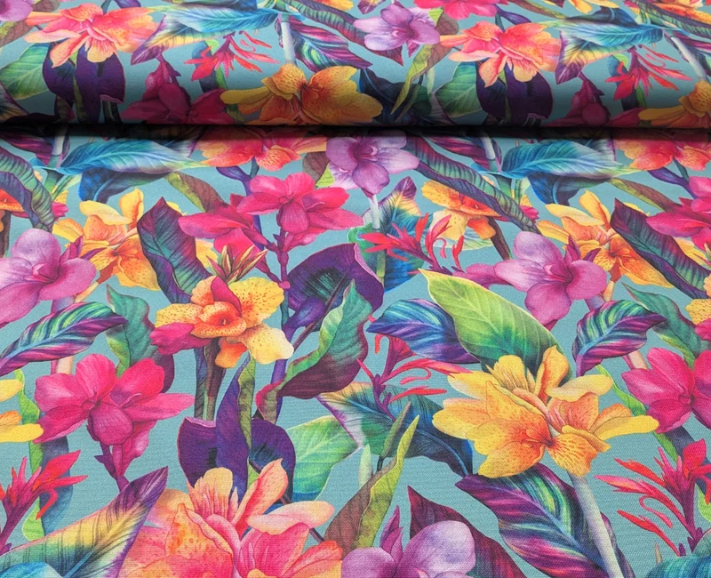 Canvas wasserabweisend Dschungelblumen petrol *Ab 50cm