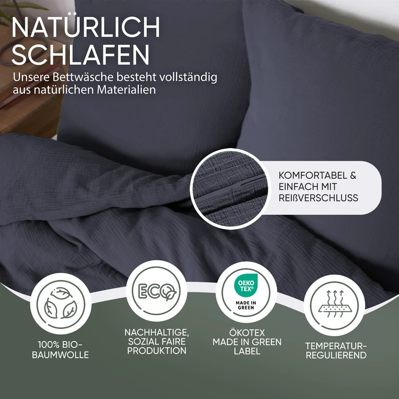 Musselin Bettwäsche aus 100% Bio Baumwolle - ÖKO-TEX Standard 100, Made in Green