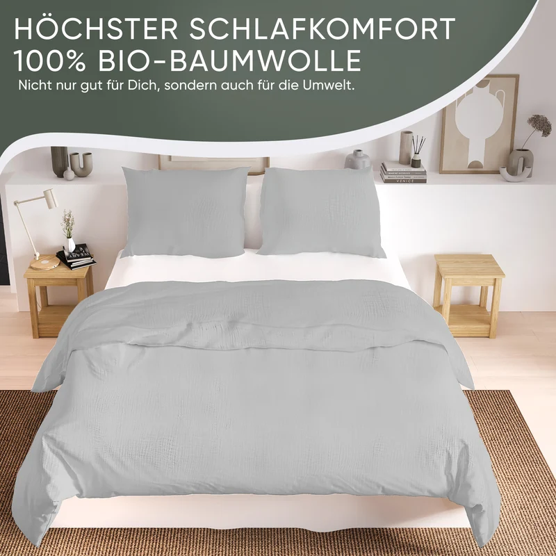 Musselin Bettwäsche aus 100% Bio Baumwolle - ÖKO-TEX Standard 100, Made in Green