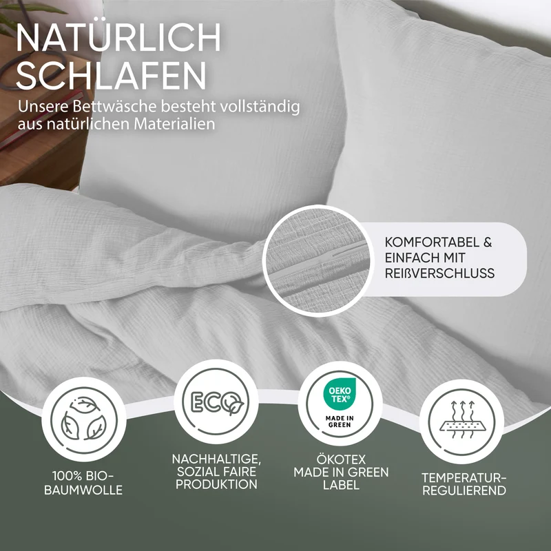 Musselin Bettwäsche aus 100% Bio Baumwolle - ÖKO-TEX Standard 100, Made in Green