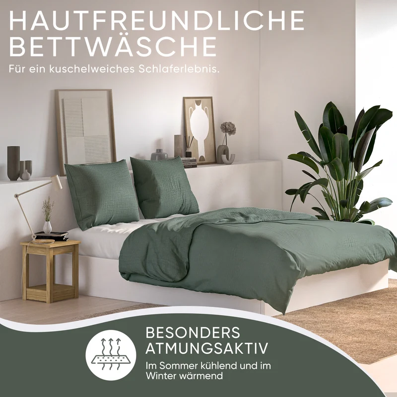 Musselin Bettwäsche aus 100% Bio Baumwolle - ÖKO-TEX Standard 100, Made in Green