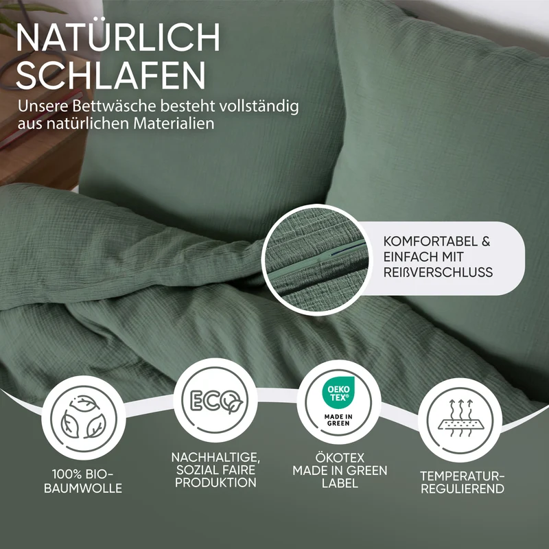 Musselin Bettwäsche aus 100% Bio Baumwolle - ÖKO-TEX Standard 100, Made in Green