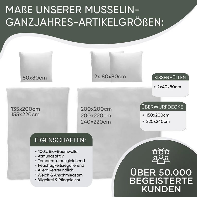 Musselin Bettwäsche aus 100% Bio Baumwolle - ÖKO-TEX Standard 100, Made in Green
