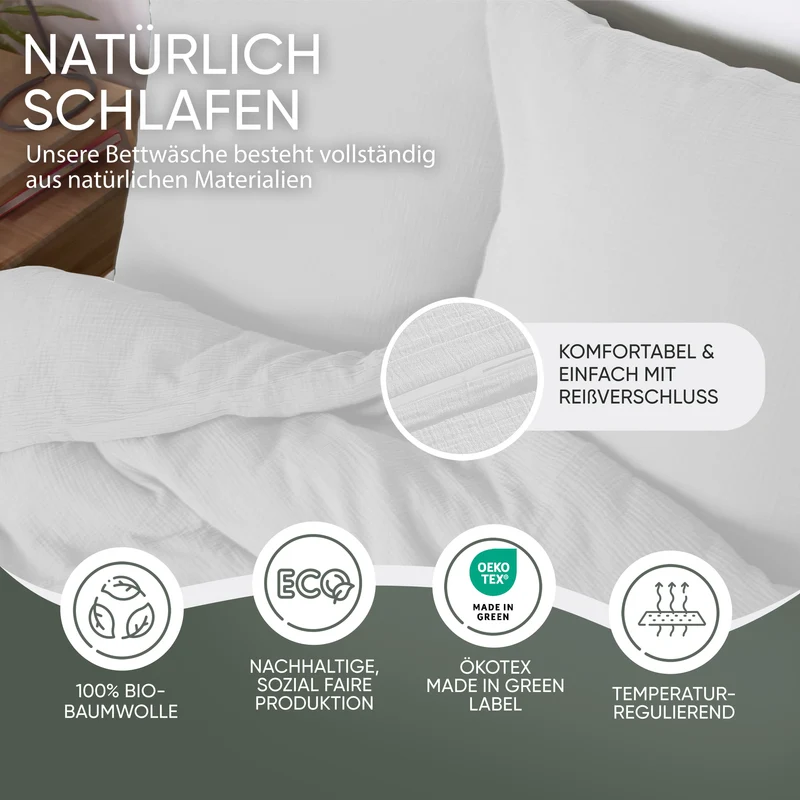 Musselin Bettwäsche aus 100% Bio Baumwolle - ÖKO-TEX Standard 100, Made in Green