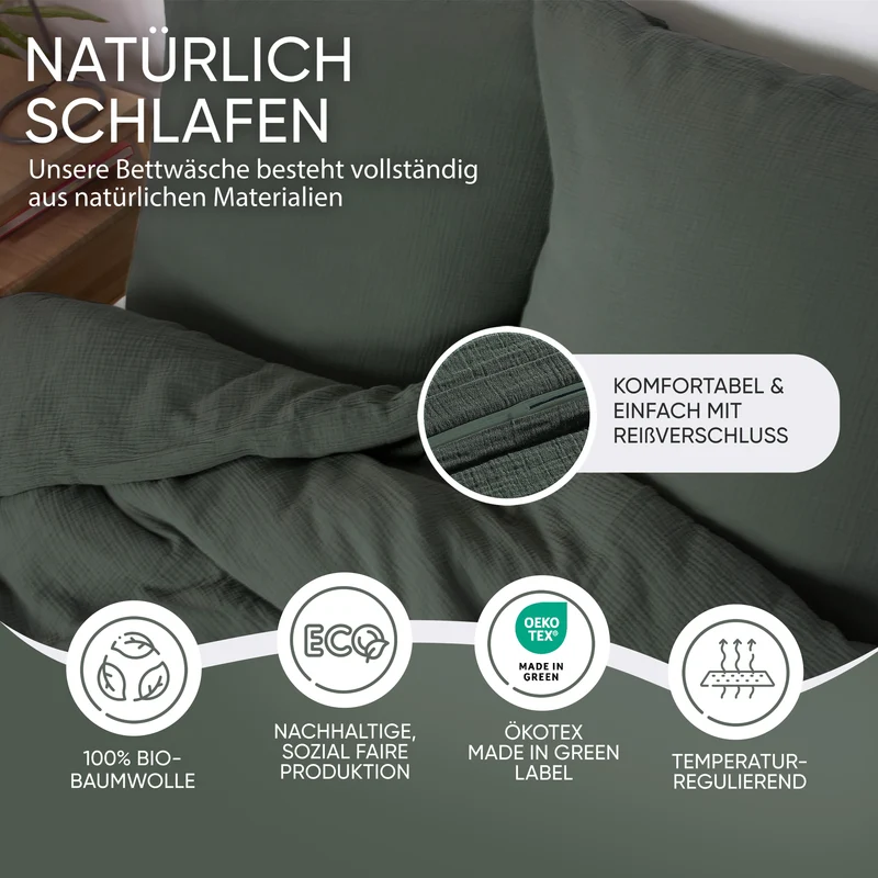 Musselin Bettwäsche aus 100% Bio Baumwolle - ÖKO-TEX Standard 100, Made in Green
