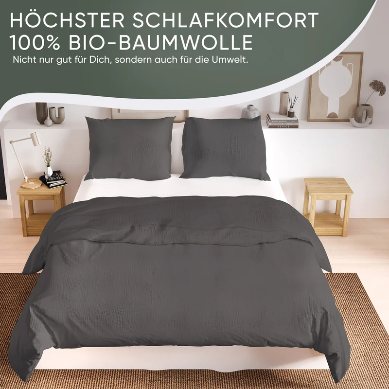 Musselin Bettwäsche aus 100% Bio Baumwolle - ÖKO-TEX Standard 100, Made in Green