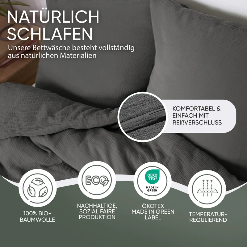 Musselin Bettwäsche aus 100% Bio Baumwolle - ÖKO-TEX Standard 100, Made in Green
