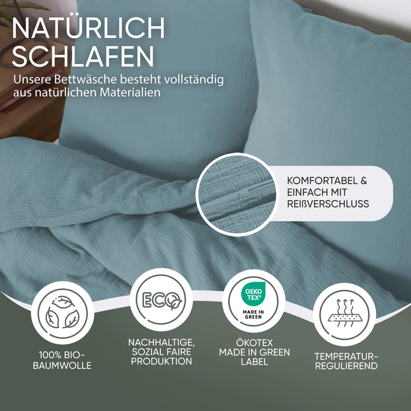 Musselin Bettwäsche aus 100% Bio Baumwolle - ÖKO-TEX Standard 100, Made in Green