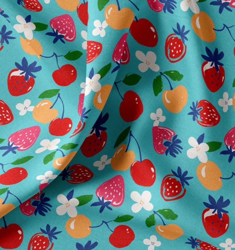 Baumwolle bedruckt Obst auf türkis *Ab 50cm