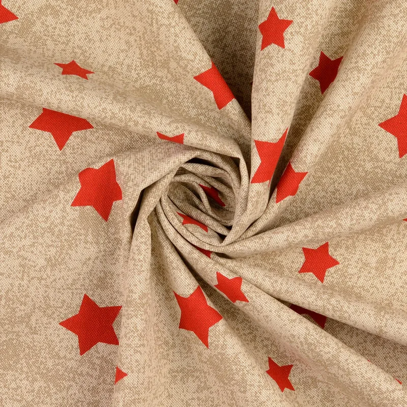 Dekostoff Halbpanama rote Sterne auf beige *Ab 50cm