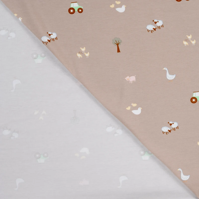 Baumwolljersey Bauernhof beige *Ab 50 cm