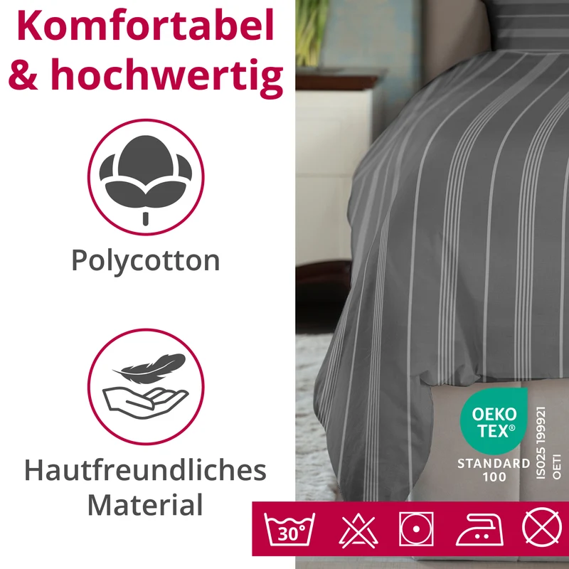 DecoHomeTextil Bettwäsche Set Bettgarnitur mit Reißverschluss Polycotton Jacquard Linien