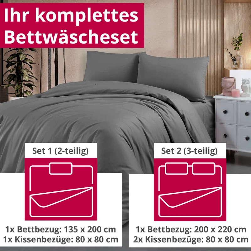 DecoHomeTextil Bettwäsche Set Bettgarnitur mit Reißverschluss Polycotton Uni