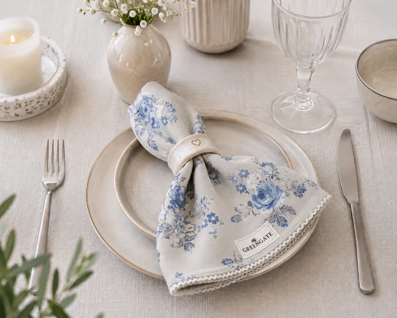 GreenGate Stoffserviette Harmony Hellgrau mit Spitze 40x40