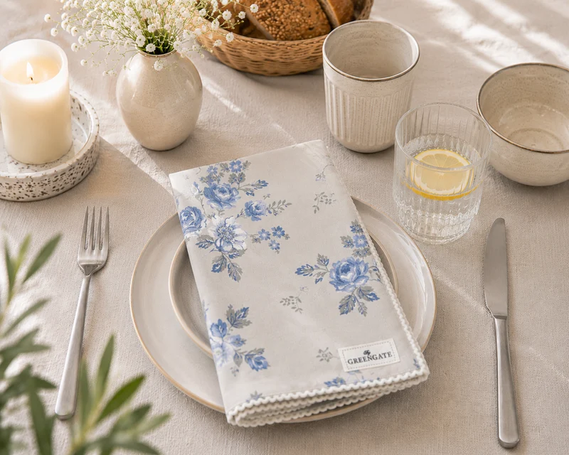 GreenGate Stoffserviette Harmony Hellgrau mit Spitze 40x40