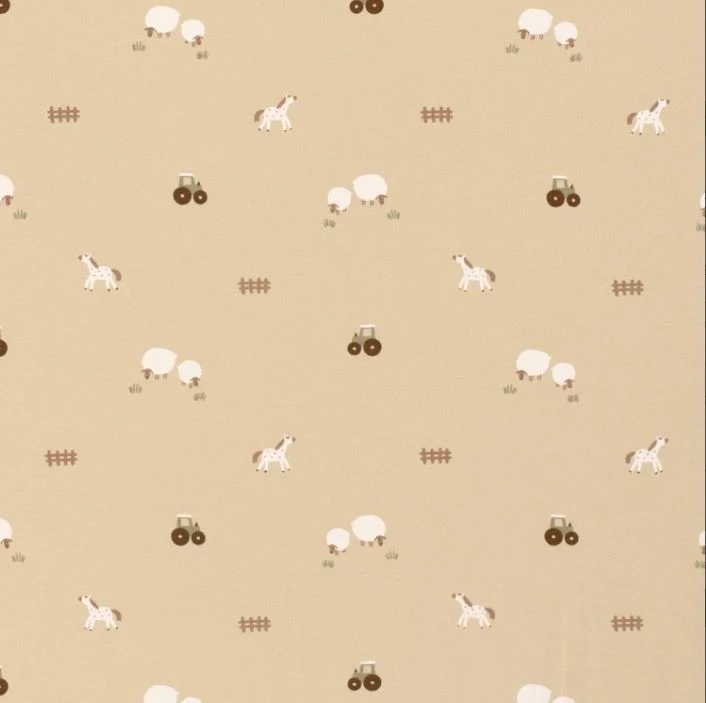 Baumwolljersey Bauernhof beige *Ab 50cm