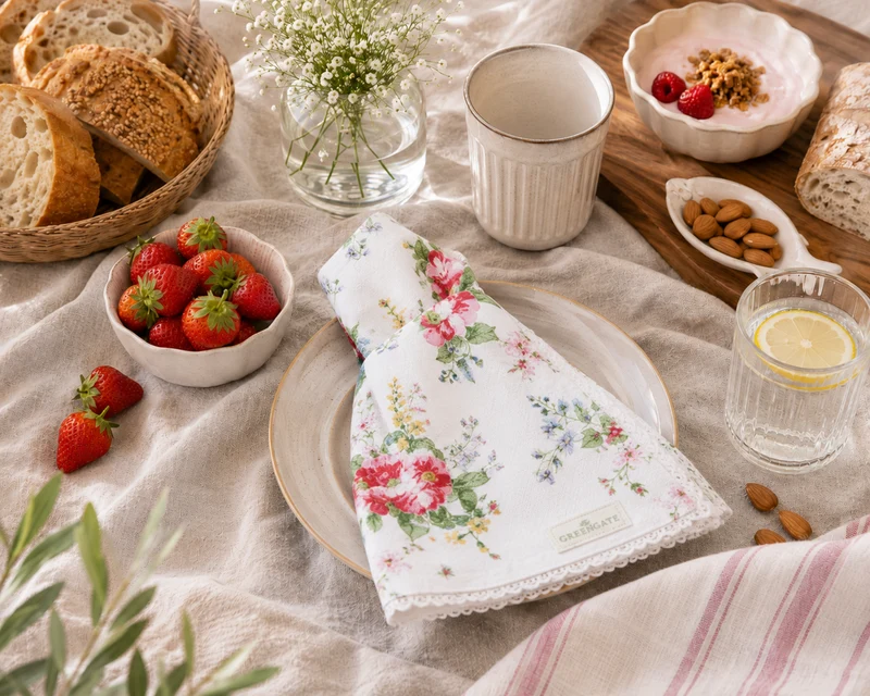 GreenGate Stoffserviette mit Spitze Ailia Weiß/Florales Muster
