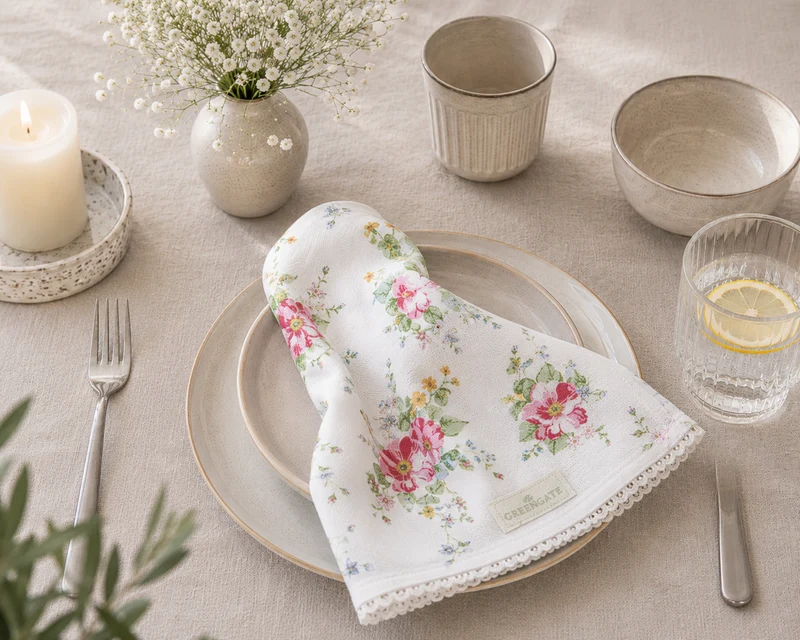 GreenGate Stoffserviette mit Spitze Ailia Weiß/Florales Muster