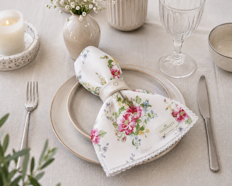 GreenGate Stoffserviette mit Spitze Ailia Weiß/Florales Muster