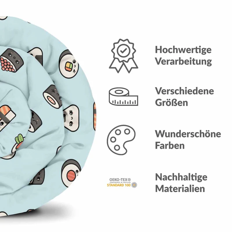 Therapiedecken Bettwäschen Set Hellblau mit Sushi