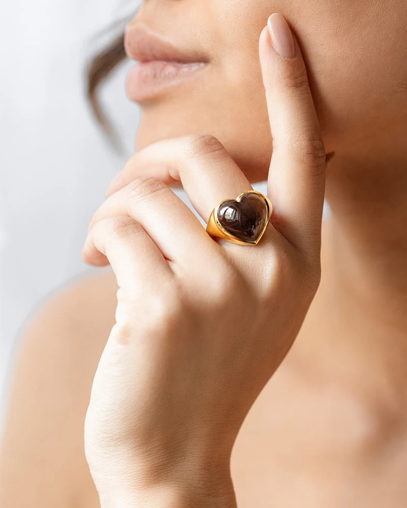 Ring La La Love Big Heart mit Rauchquarz - gold