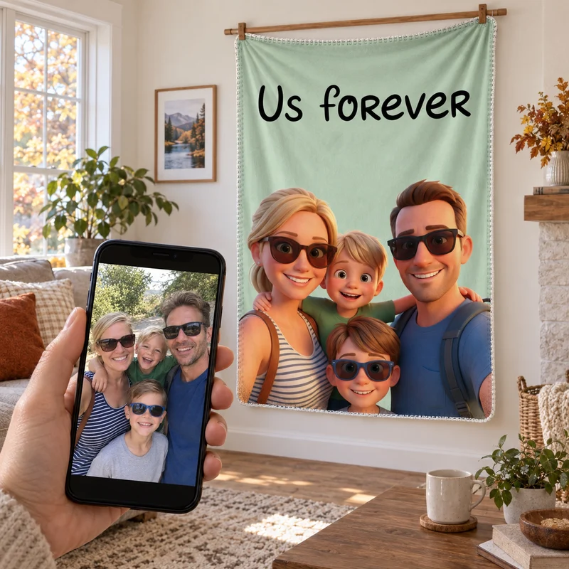 Personalized Blanket in 3D movie style featuring your family