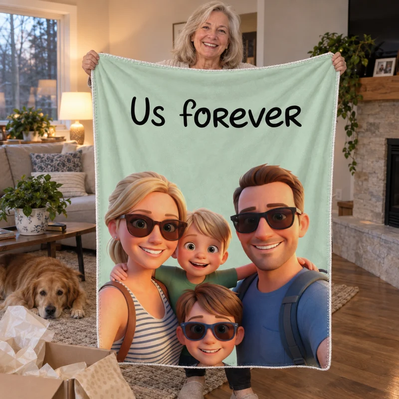 Personalized Blanket in 3D movie style featuring your family