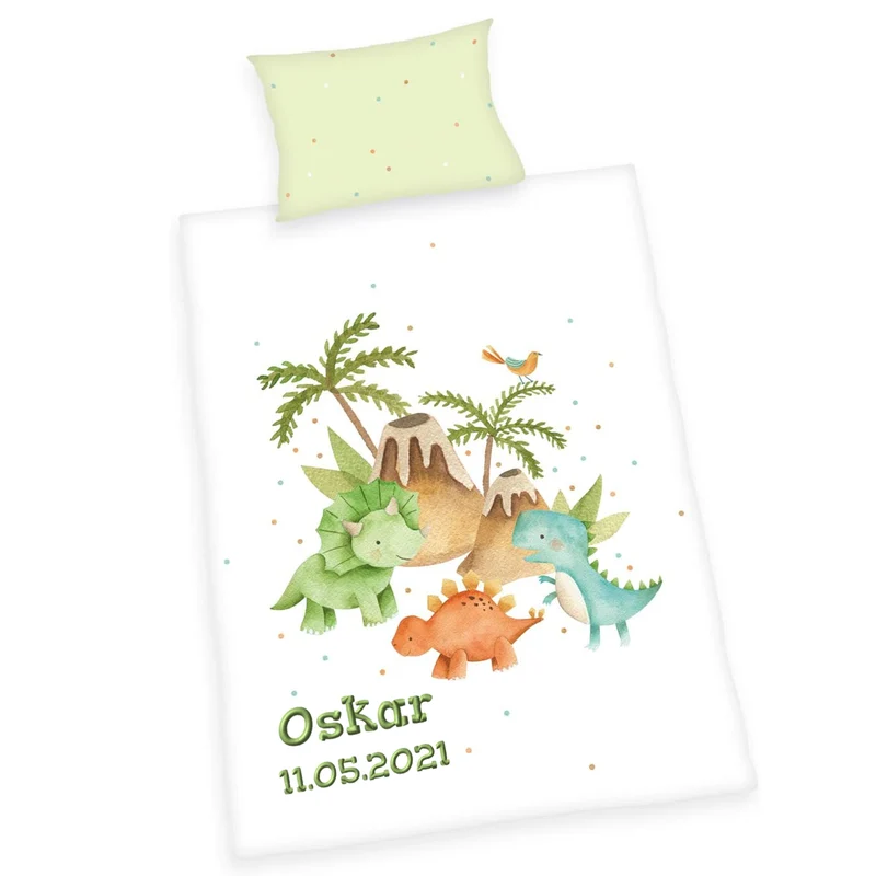 Kinderbettwäsche mit Namen bestickt - Motiv Dinos - 100x135cm - 100% Baumwolle