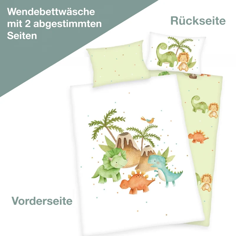 Kinderbettwäsche mit Namen bestickt - Motiv Dinos - 100x135cm - 100% Baumwolle