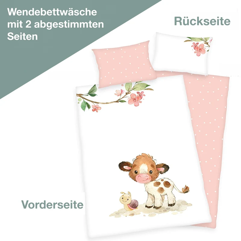 Kinderbettwäsche mit Namen bestickt - Motiv Kälbchen - 100x135cm - 100% Baumwolle