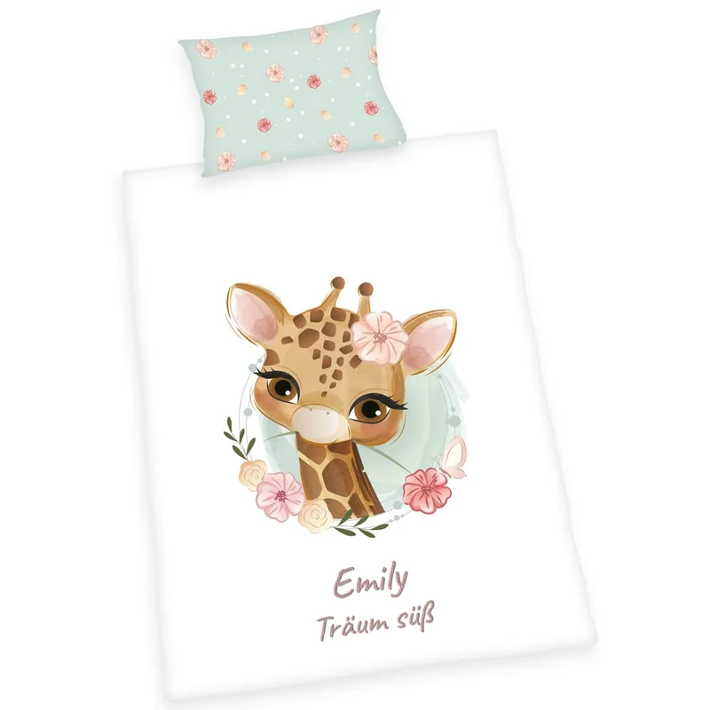 Kinderbettwäsche mit Namen bestickt - Motiv Giraffe - 100x135cm - 100% Baumwolle