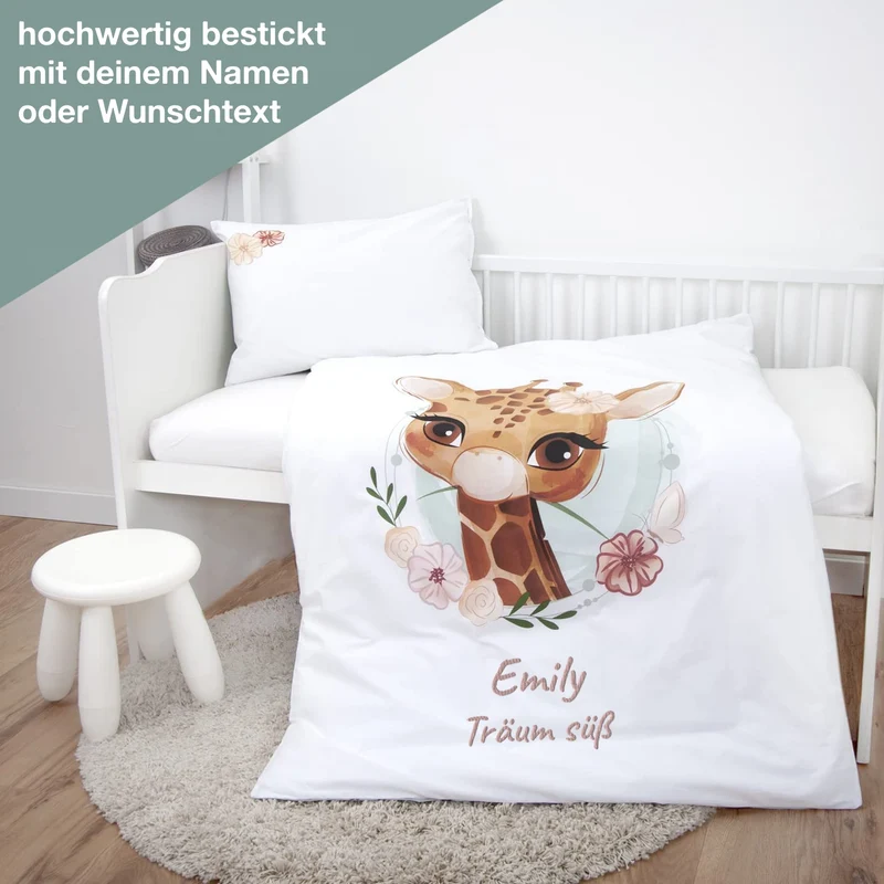 Kinderbettwäsche mit Namen bestickt - Motiv Giraffe - 100x135cm - 100% Baumwolle