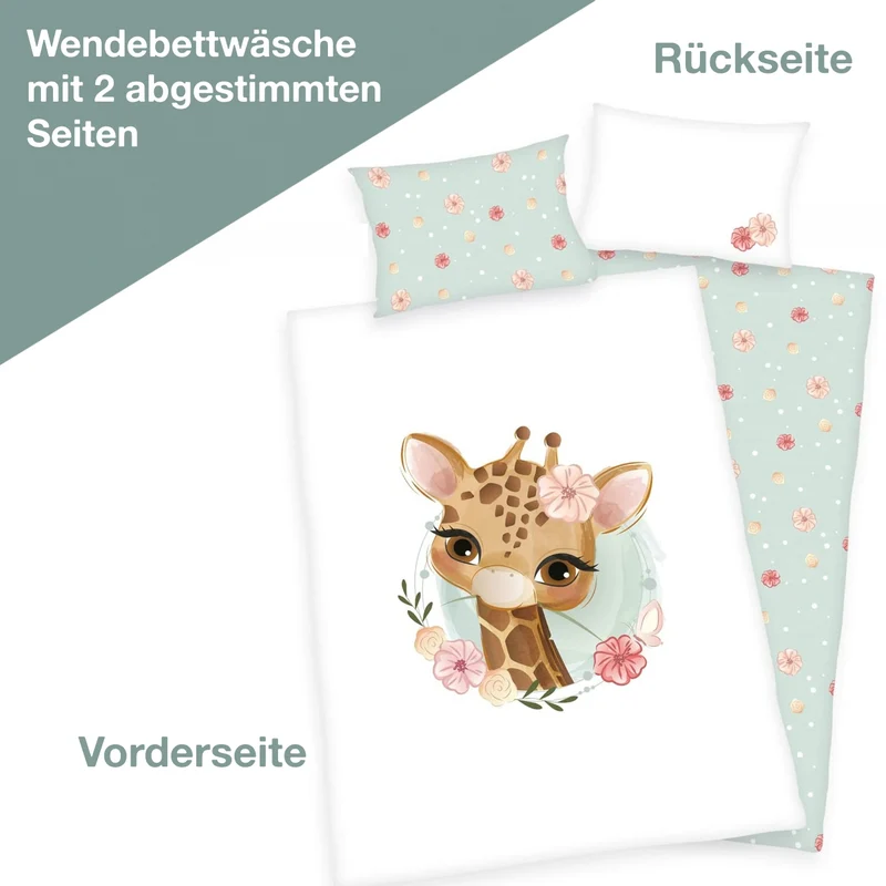 Kinderbettwäsche mit Namen bestickt - Motiv Giraffe - 100x135cm - 100% Baumwolle