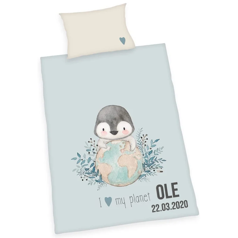 Kinderbettwäsche mit Namen bestickt - Motiv Pinguin - 100x135cm - 100% Baumwolle