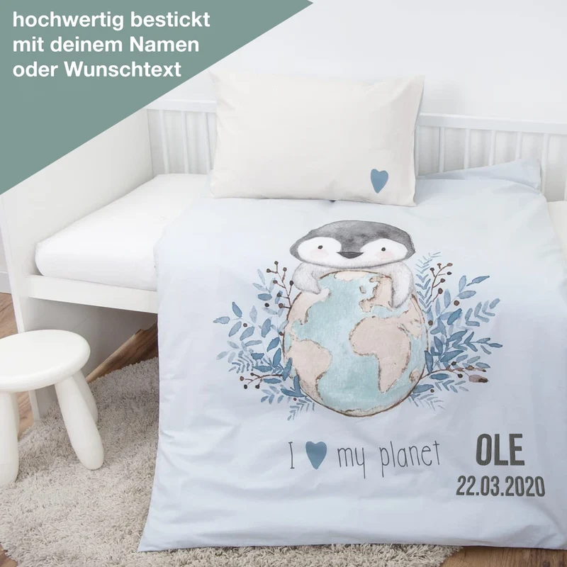 Kinderbettwäsche mit Namen bestickt - Motiv Pinguin - 100x135cm - 100% Baumwolle