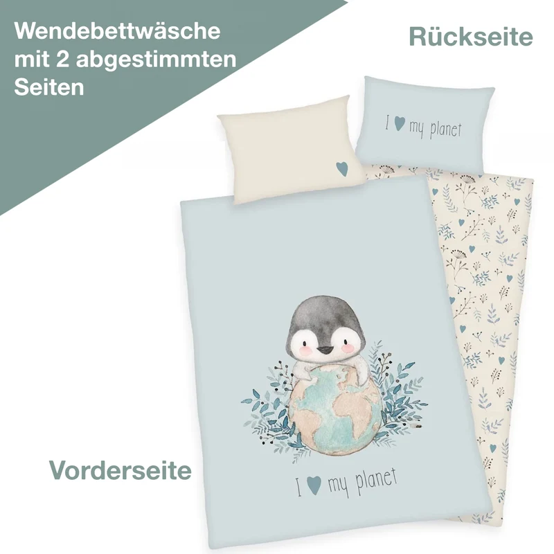 Kinderbettwäsche mit Namen bestickt - Motiv Pinguin - 100x135cm - 100% Baumwolle