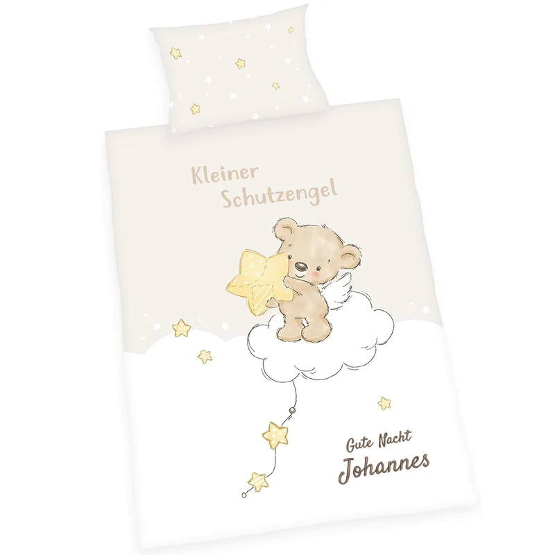 Kinderbettwäsche mit Namen bestickt - Motiv Schutzengel - 100x135cm - 100% Baumwolle