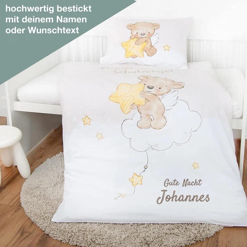 Kinderbettwäsche mit Namen bestickt - Motiv Schutzengel - 100x135cm - 100% Baumwolle