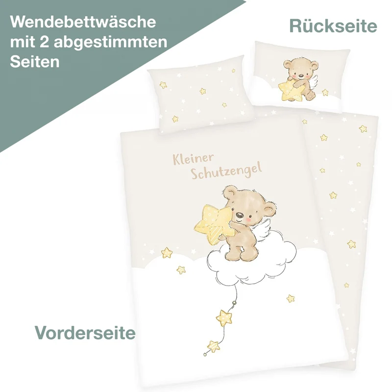Kinderbettwäsche mit Namen bestickt - Motiv Schutzengel - 100x135cm - 100% Baumwolle