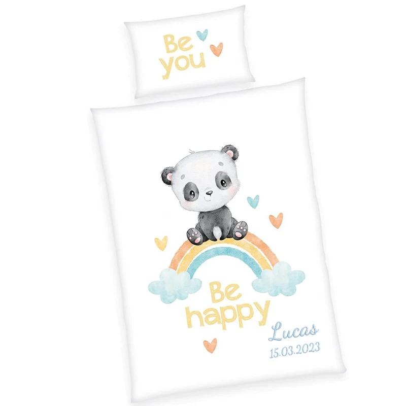 Kinderbettwäsche mit Namen bestickt - Motiv Be Happy - 100x135cm - 100% Baumwolle