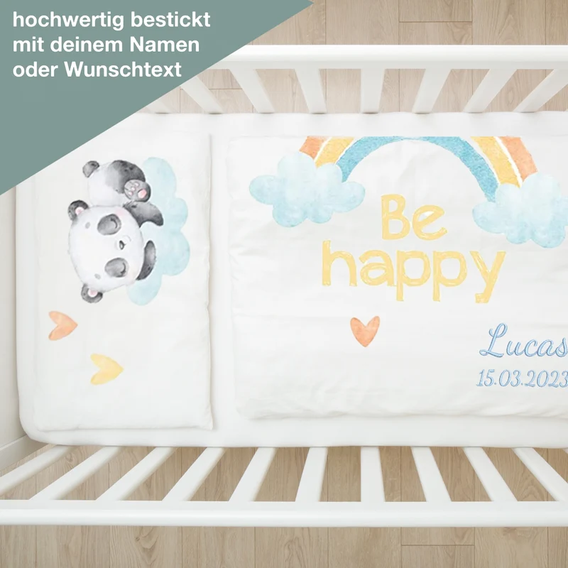 Kinderbettwäsche mit Namen bestickt - Motiv Be Happy - 100x135cm - 100% Baumwolle