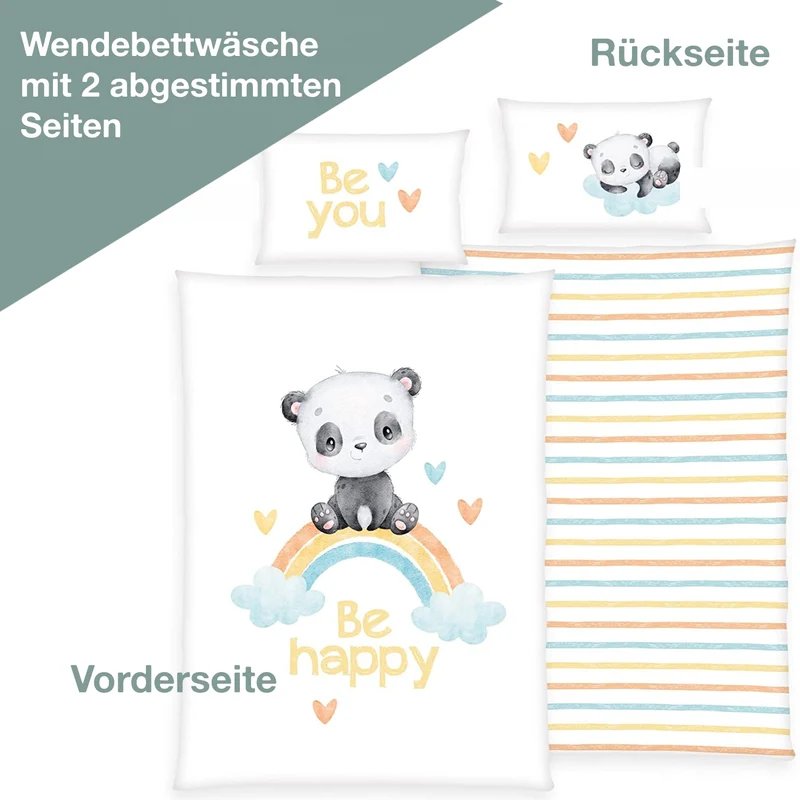 Kinderbettwäsche mit Namen bestickt - Motiv Be Happy - 100x135cm - 100% Baumwolle