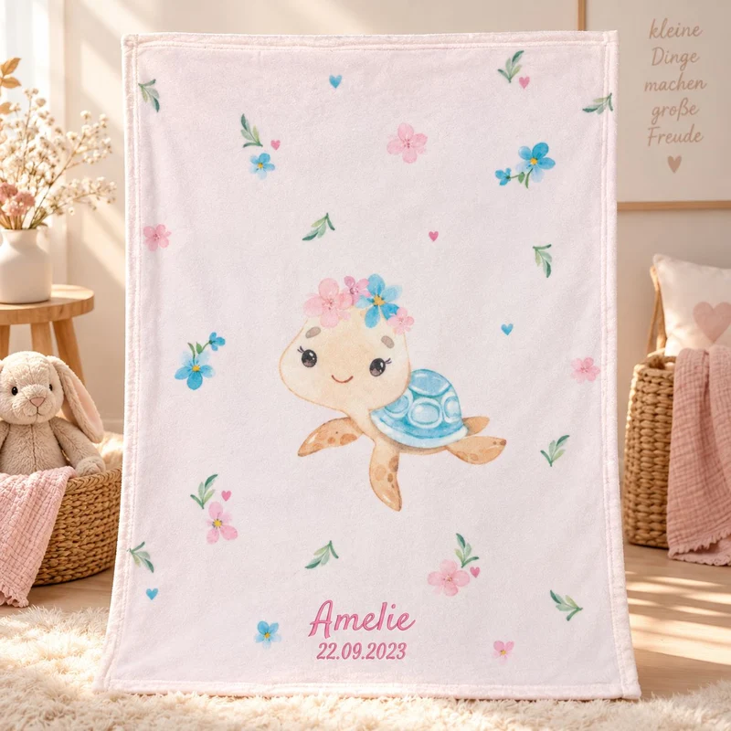 Kleine Schildkröte Babydecke mit Namen bestickt 75x100cm