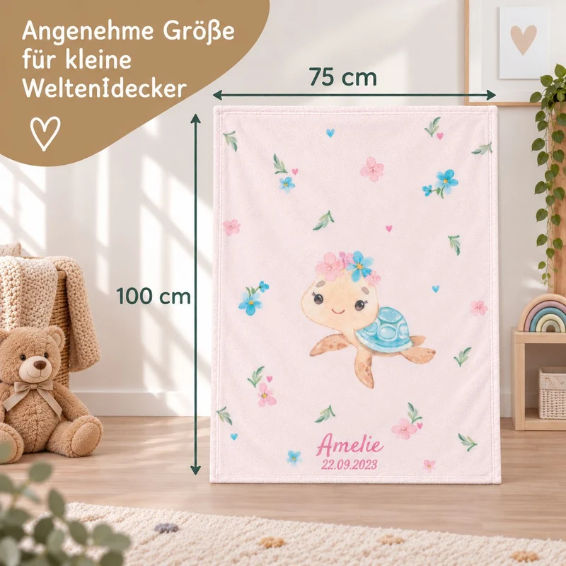 Kleine Schildkröte Babydecke mit Namen bestickt 75x100cm