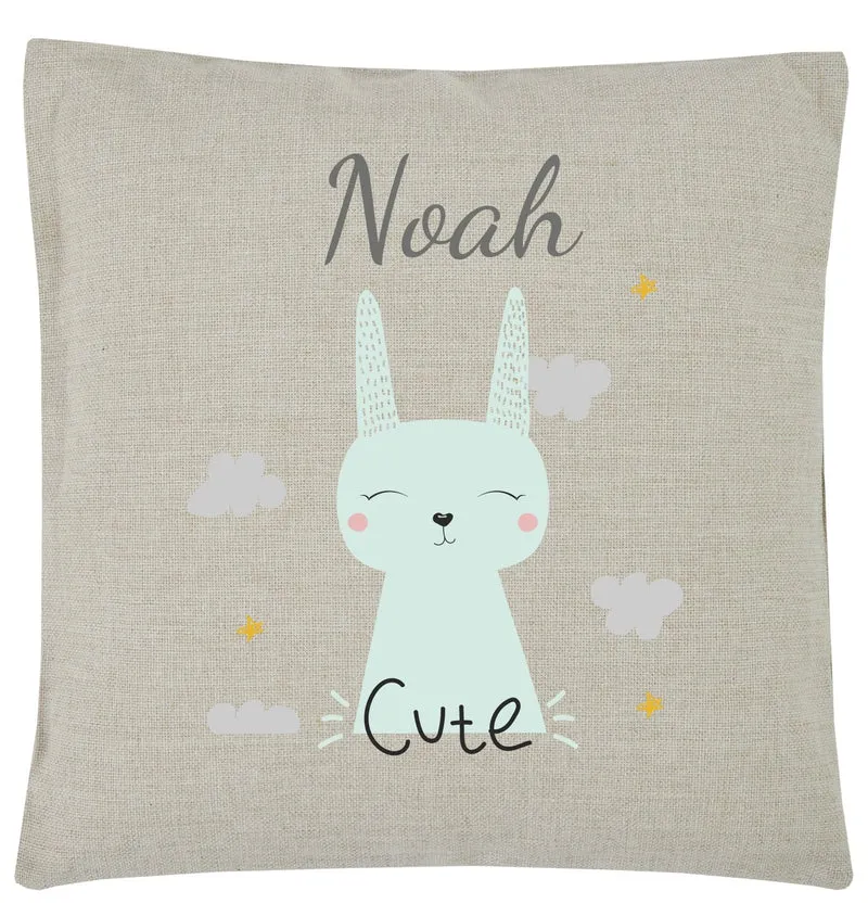 Wolimbo WSD Kissen mit Namen natur 40x40cm CUTE Hase - Leinen-Optik