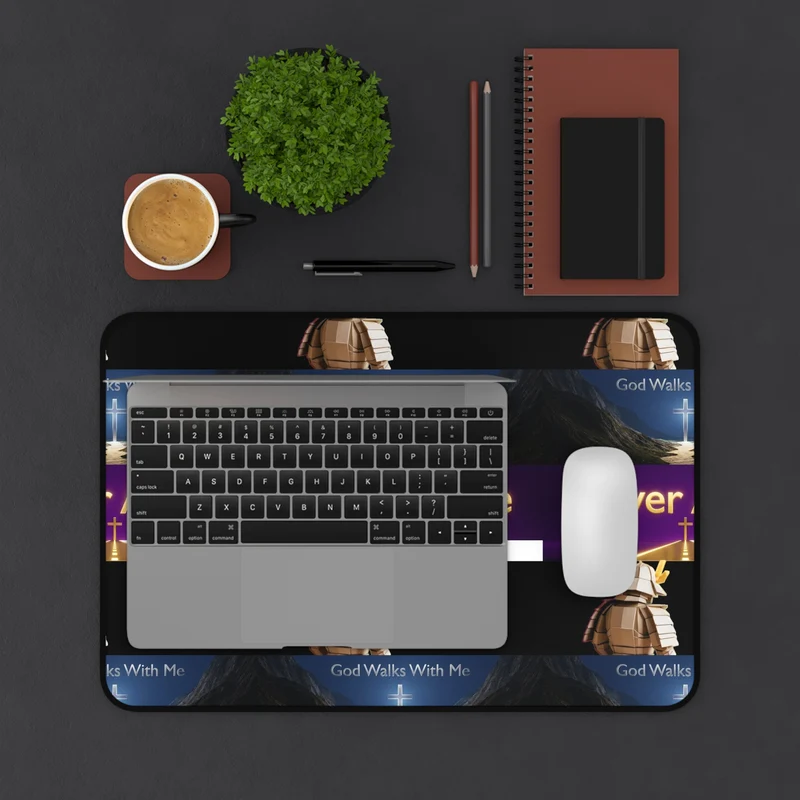 Never Alone Desk Mat — Christian Faith Prayer Desk Mat with Cross & Shepherd Design