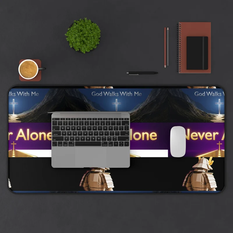 Never Alone Desk Mat — Christian Faith Prayer Desk Mat with Cross & Shepherd Design