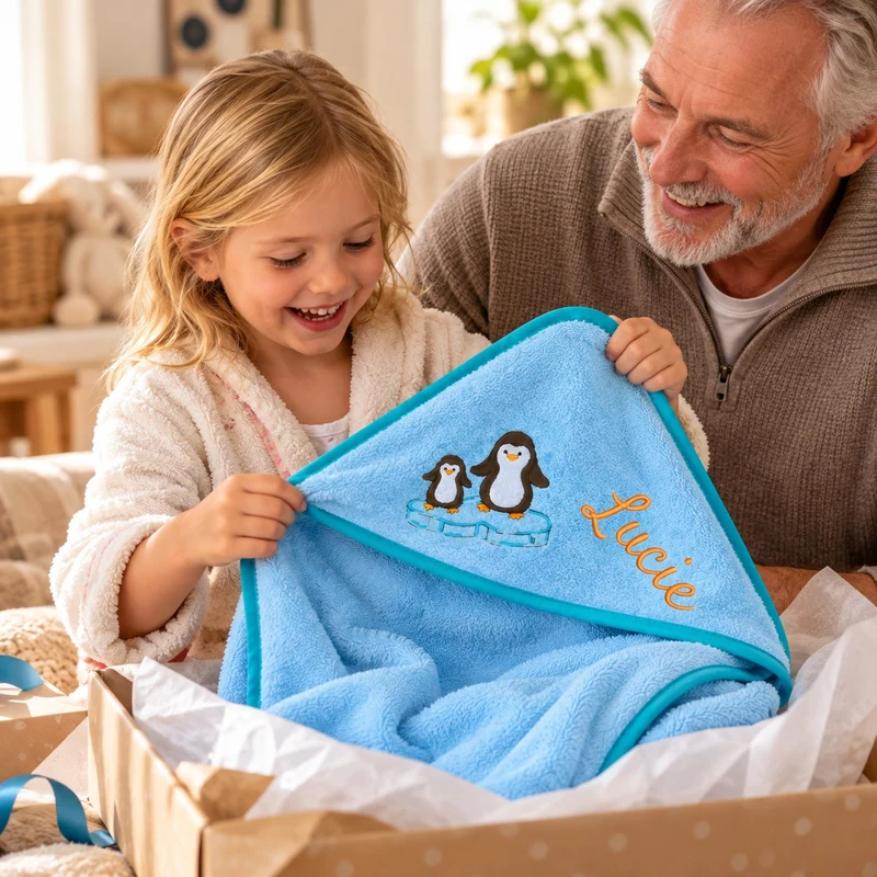 Kapuzenhandtuch mit Namen bestickt – Pinguine eisblau