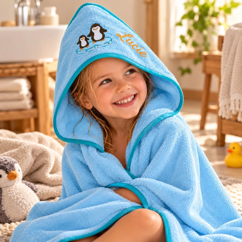 Kapuzenhandtuch mit Namen bestickt – Pinguine eisblau