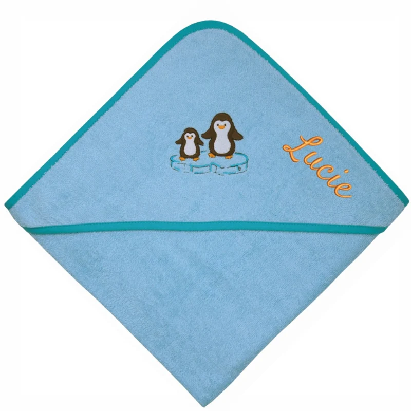 Kapuzenhandtuch mit Namen bestickt – Pinguine eisblau